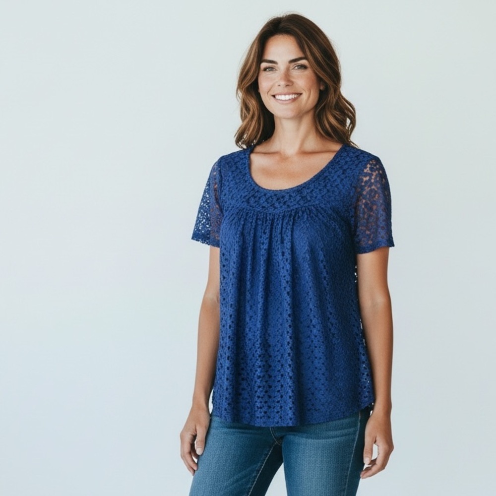 Roz and Ali ladies, blue lace, short sleeve blouse, fully lined excellent cond L